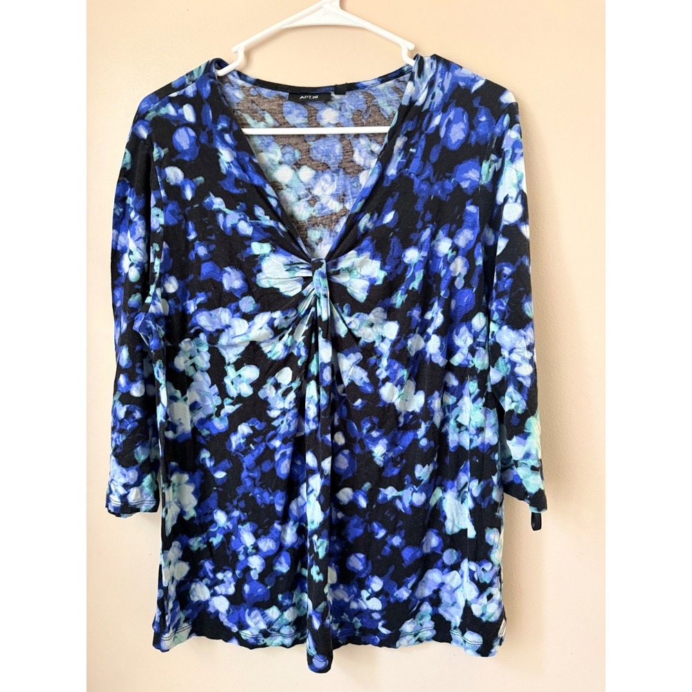 Y2k Apt 9 Petite XL Blue Floral Twist Front V Neck 3/4 Sleeve Tunic Top Womens